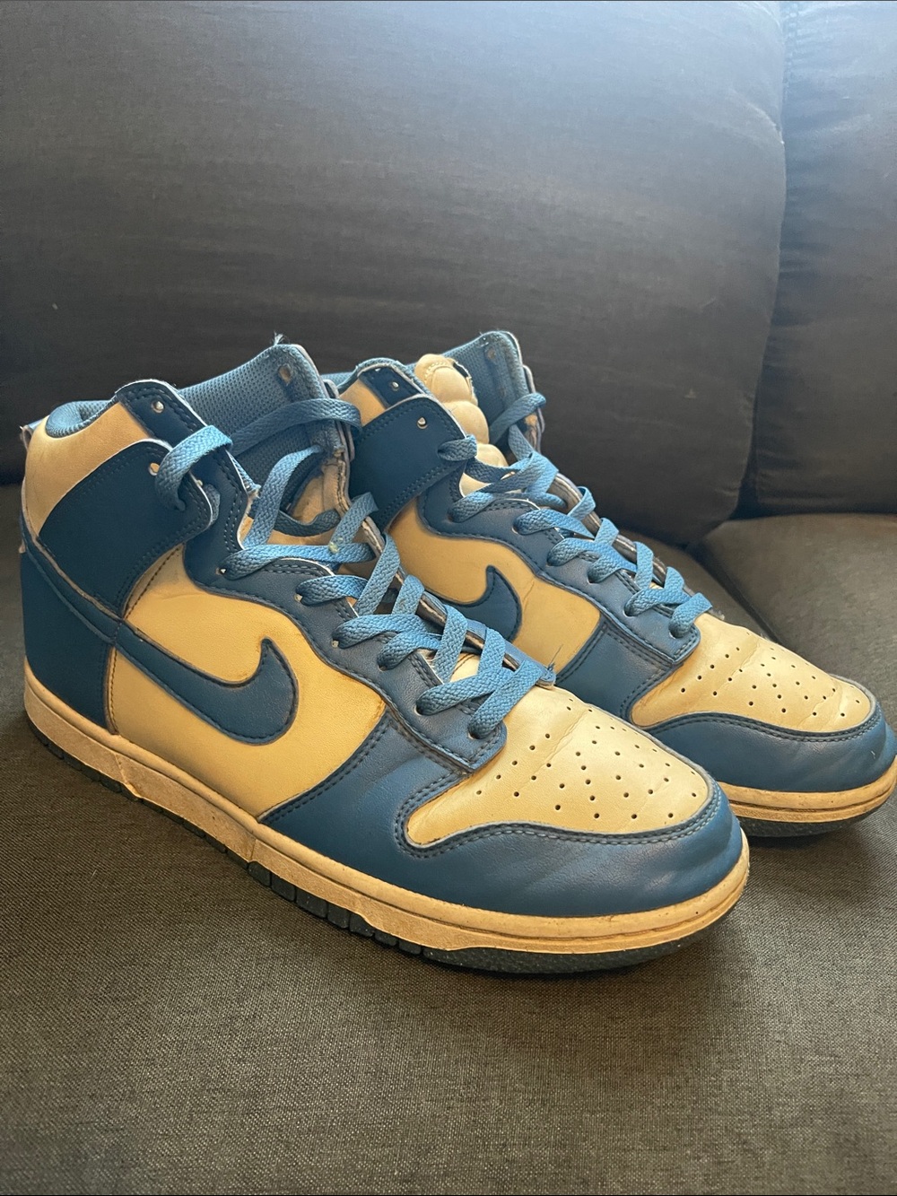 Nike blue/ cream high top dunks